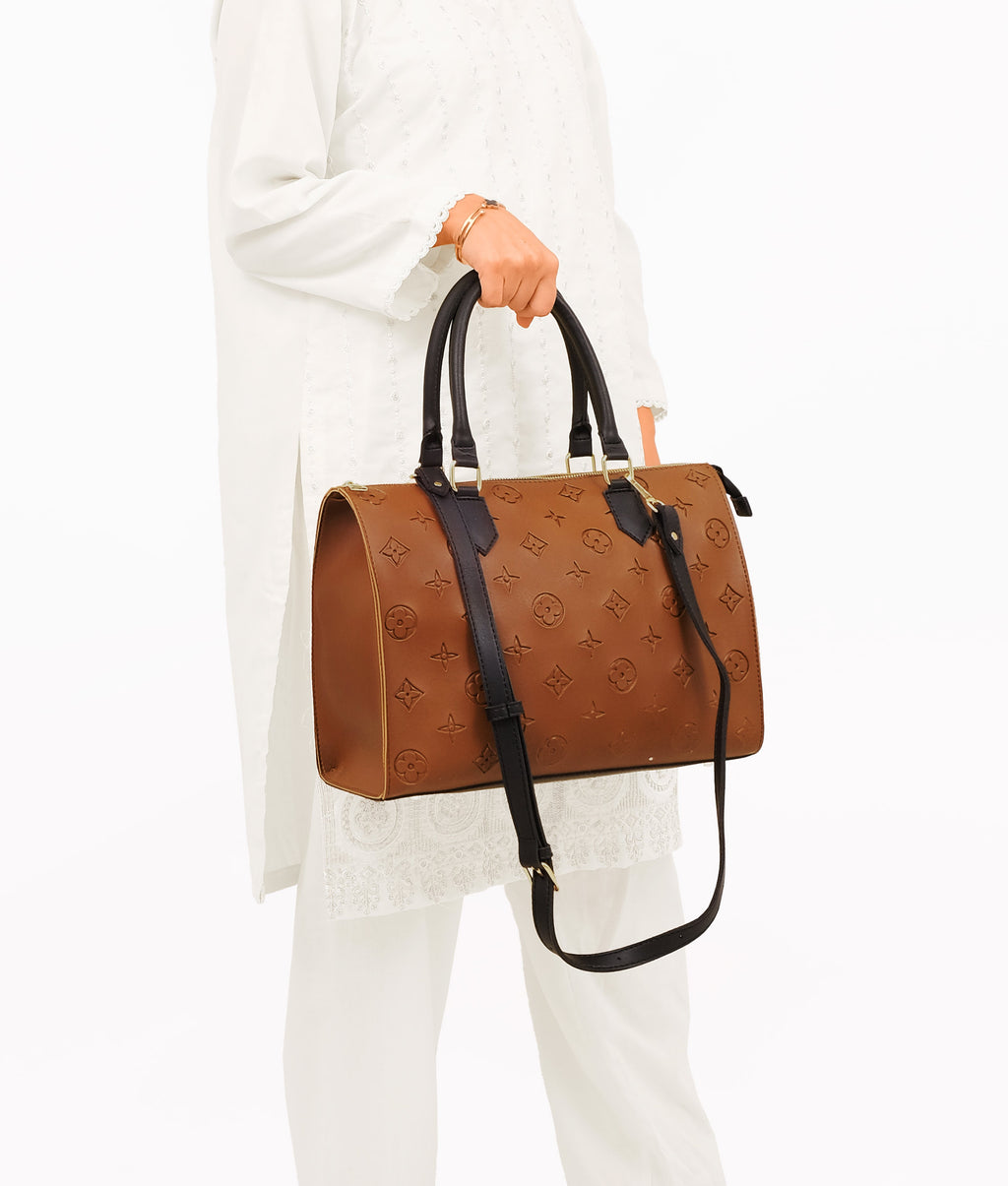 Brown and black on-the-go handbag