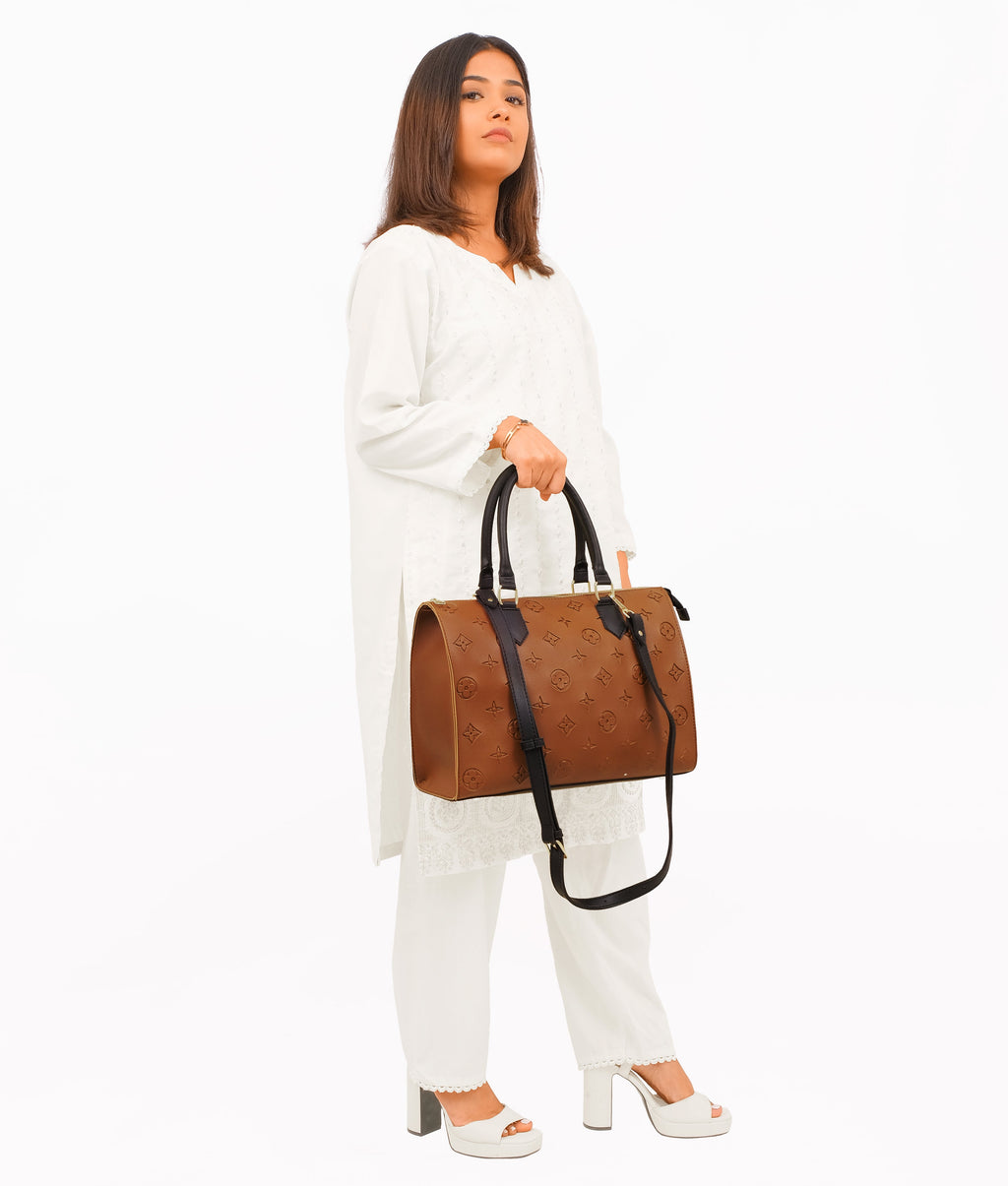 Brown and black on-the-go handbag