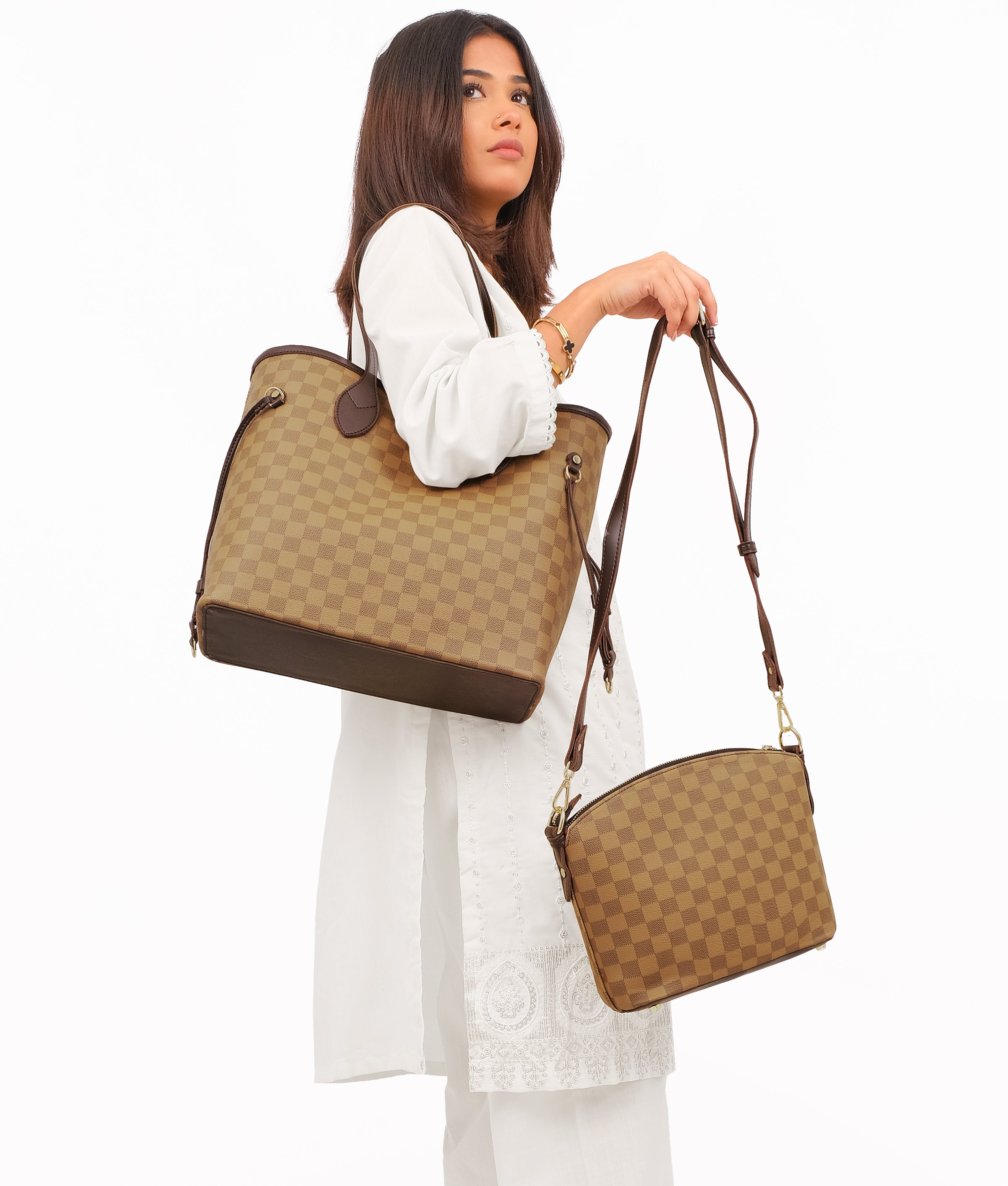 Brown checkered neverfull two piece set