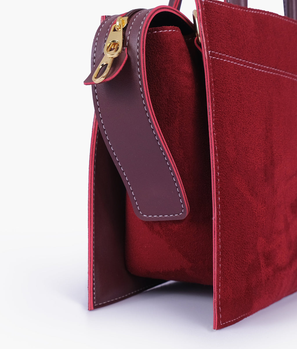 Burgundy suede trapeze top-handle bag