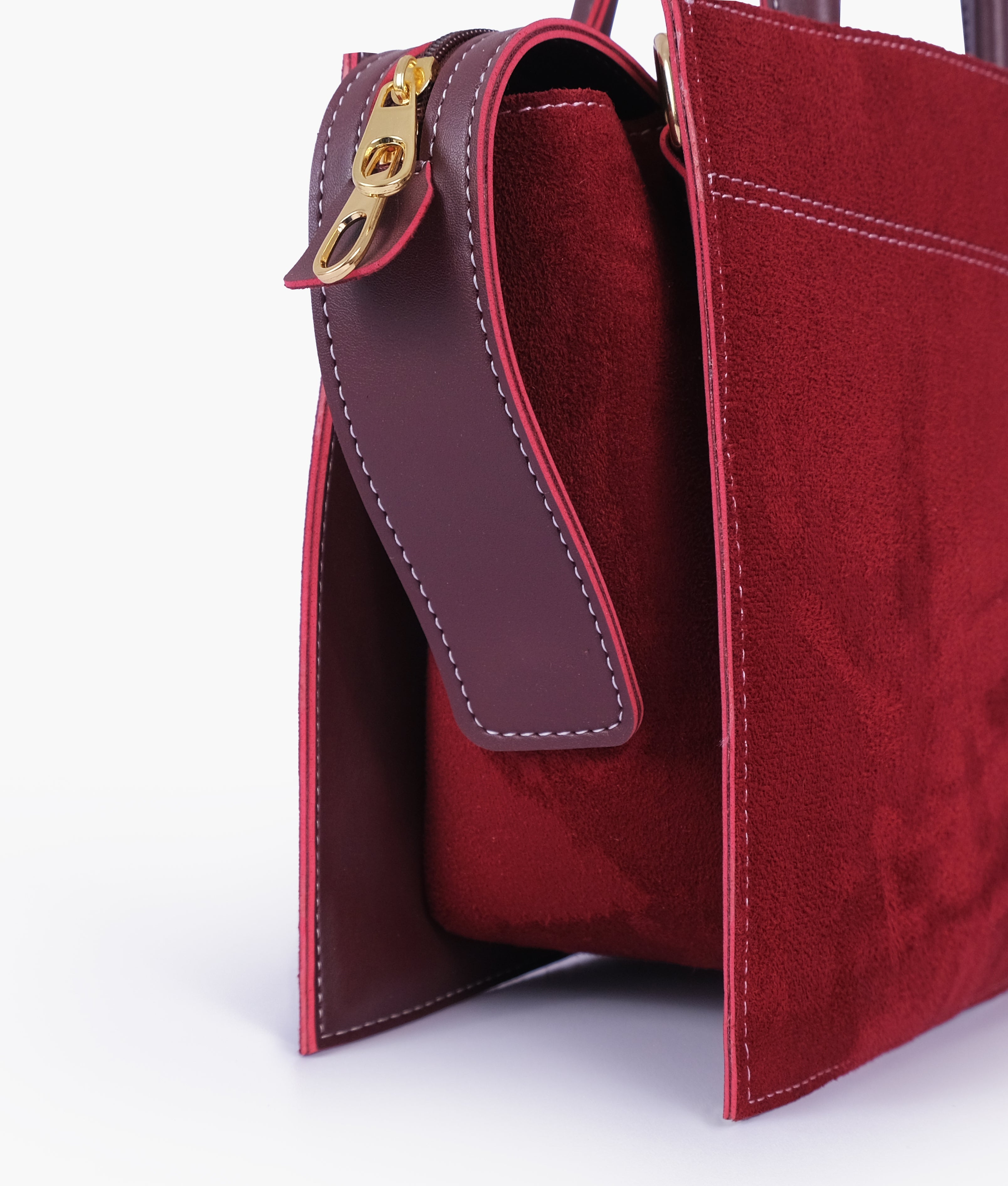 Burgundy suede trapeze top-handle bag