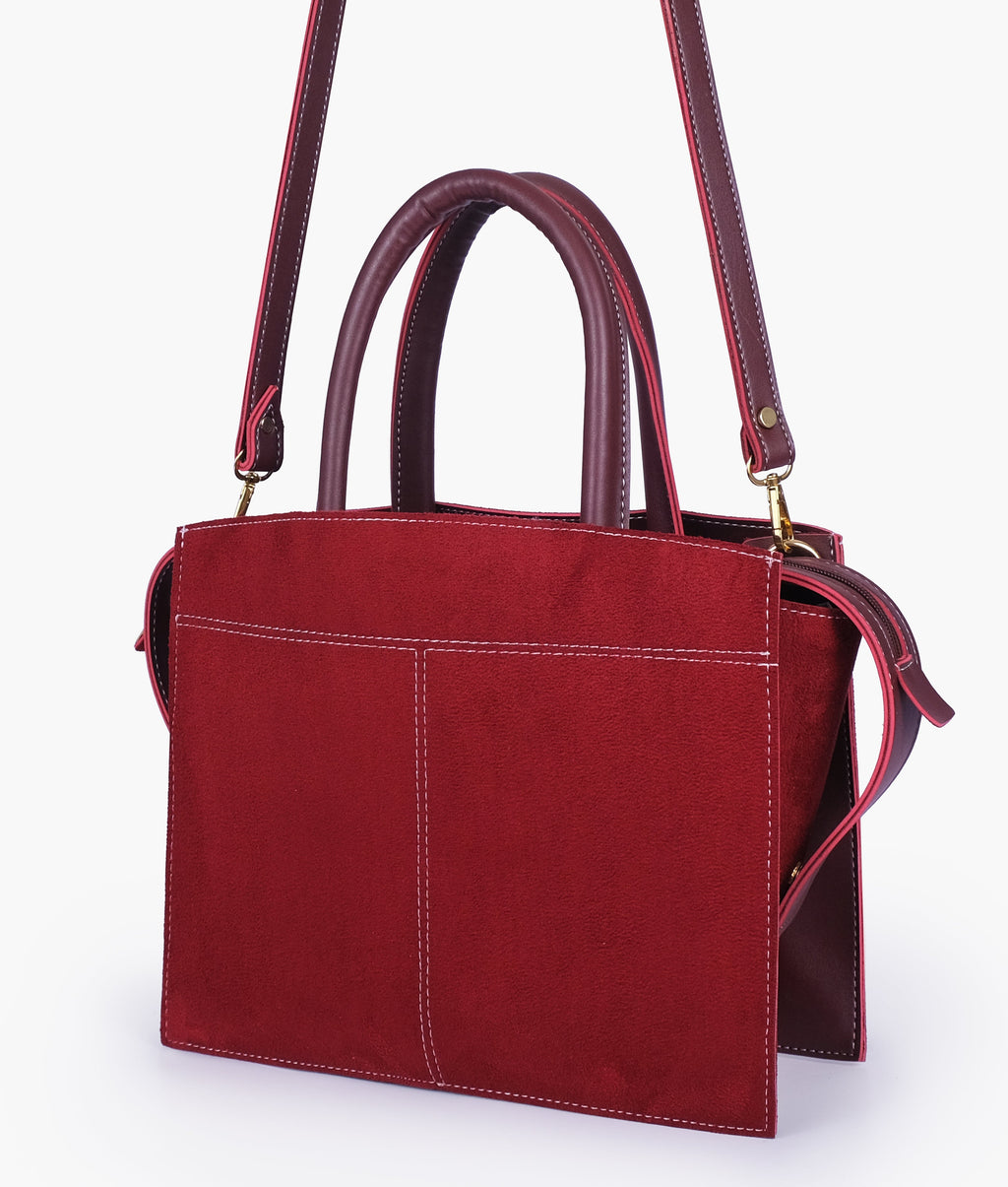 Burgundy suede trapeze top-handle bag