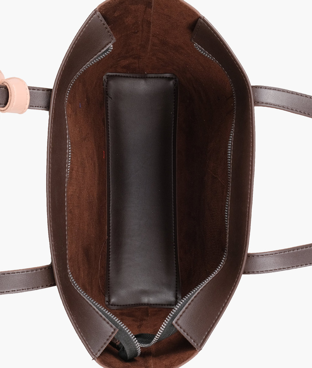 Dark brown tote bag with detachable pouch