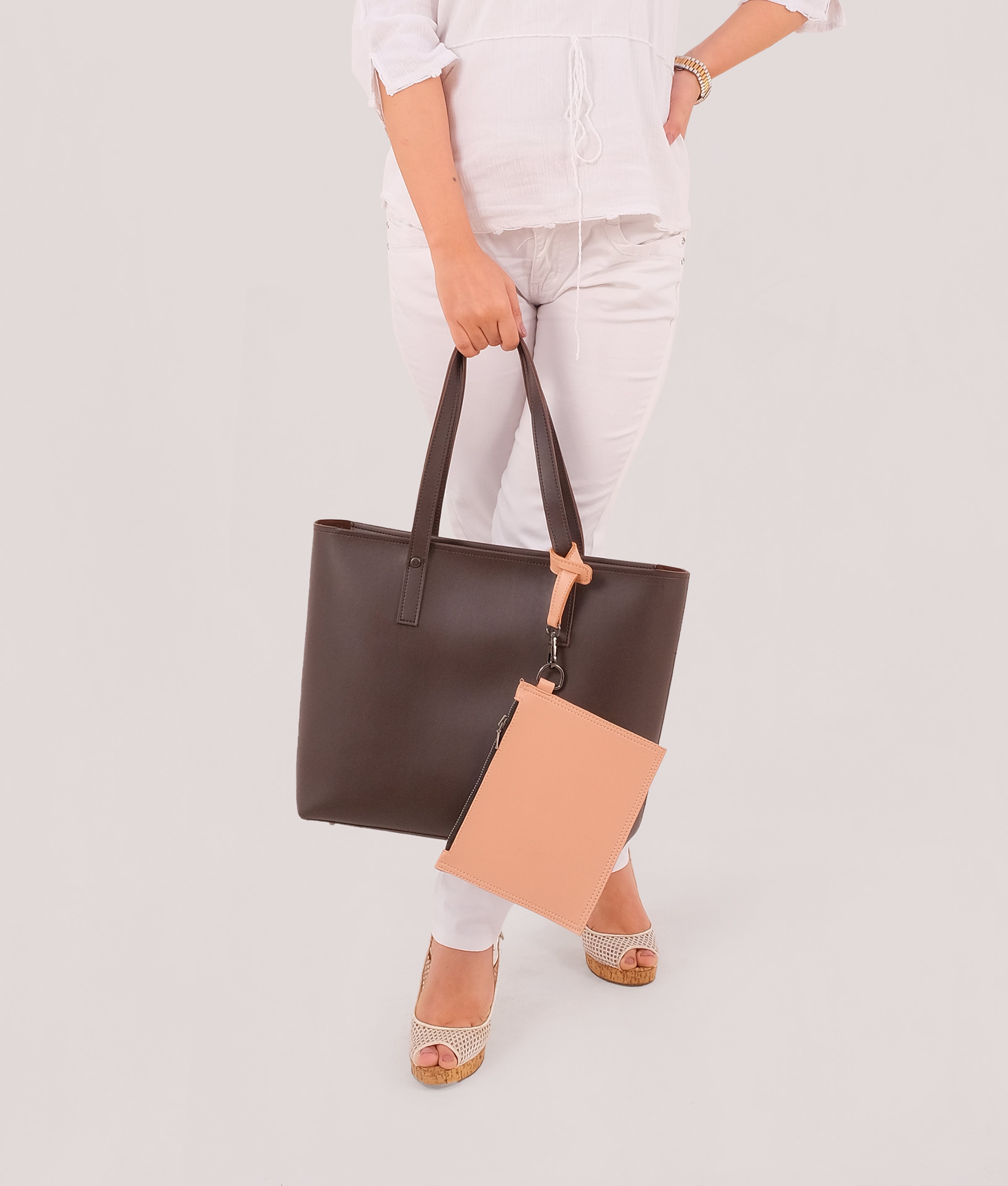 Dark brown tote bag with detachable pouch