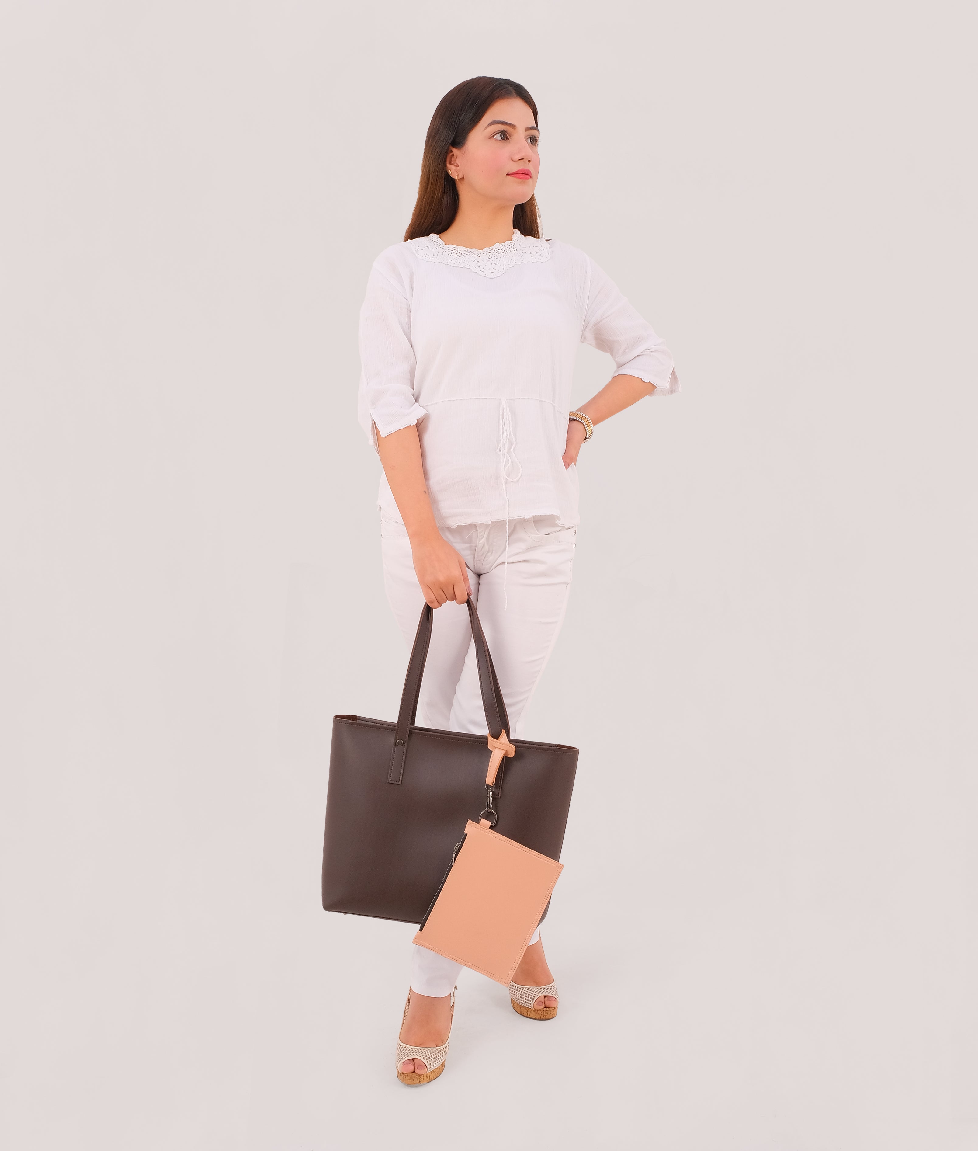 Dark brown tote bag with detachable pouch