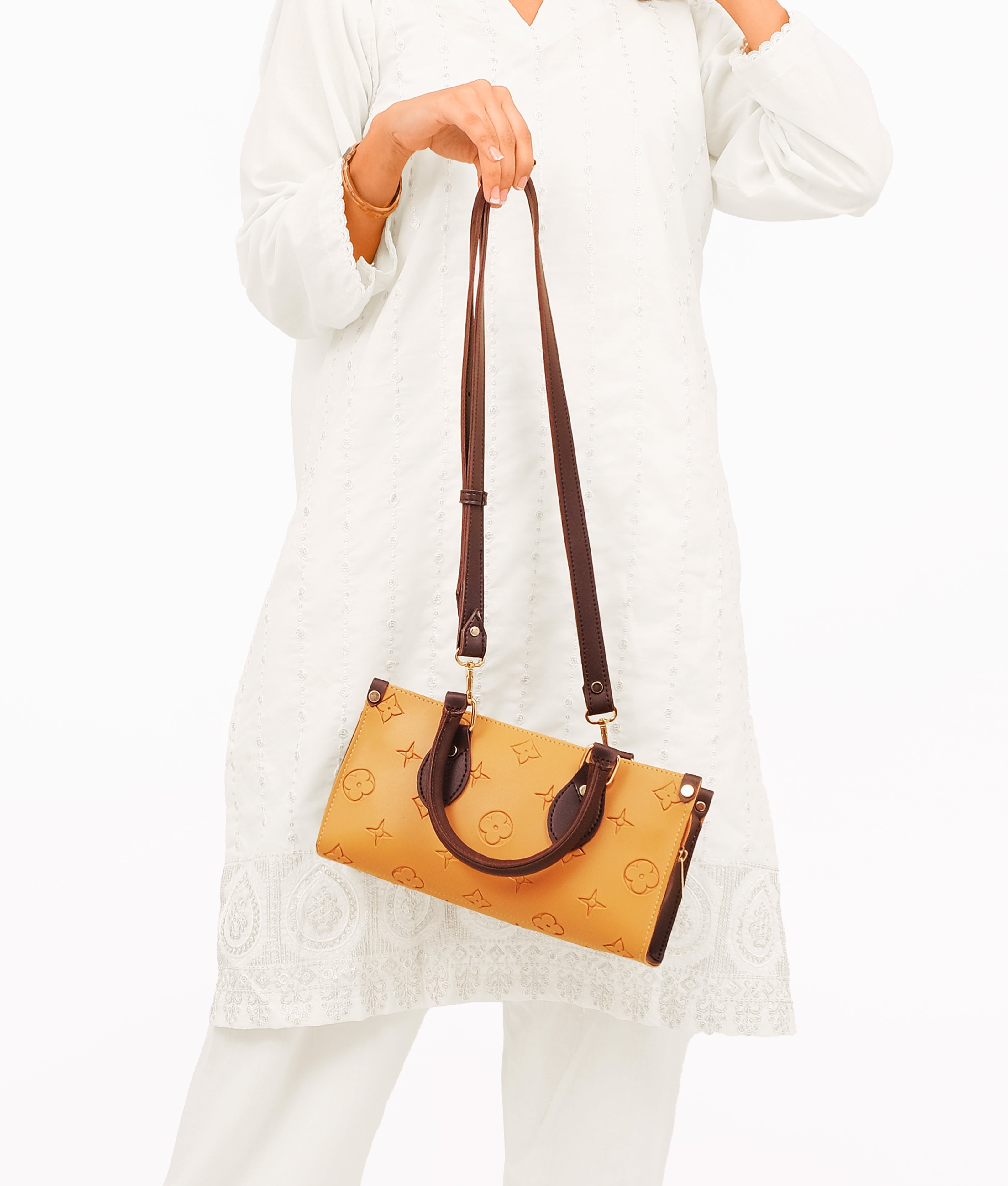 Mustard and dark brown on-the-go mini bag